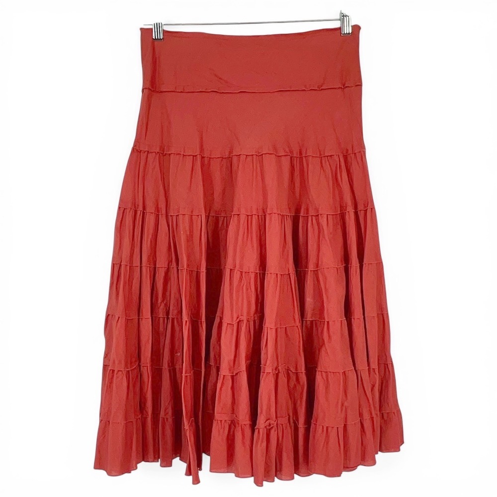 Terracotta Red Tiered Cotton Midi Skirt Boho‎ Raw Edge M
